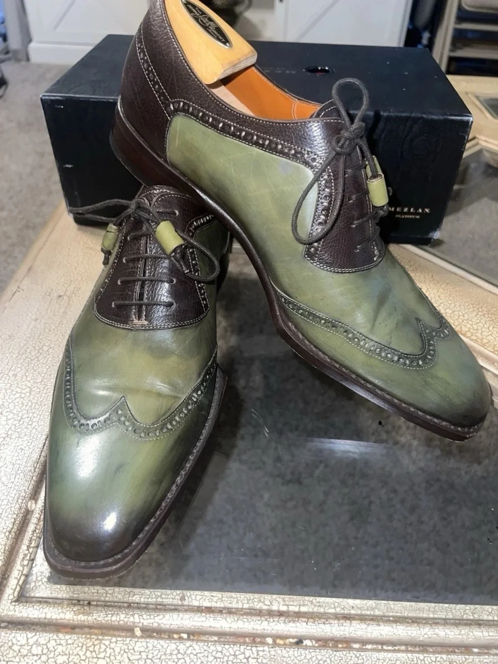 Platinum Mezlan Green and Brown Wingtip Brogue Leather Dress Shoes - Men's 10M